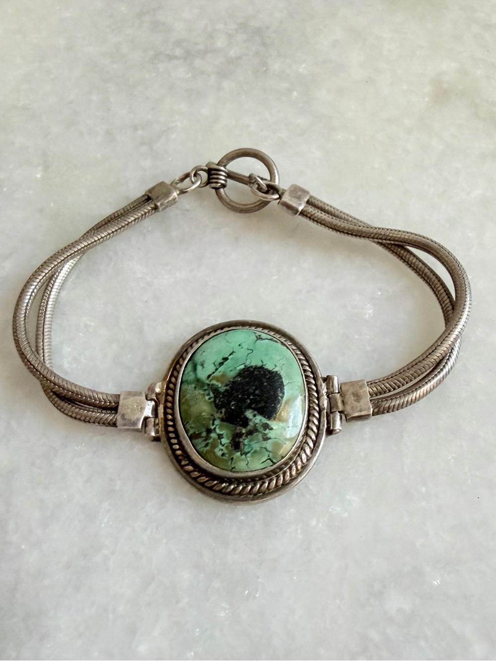 Sterling Silver Turquoise Stone Bracelet - Green Turquoise Center